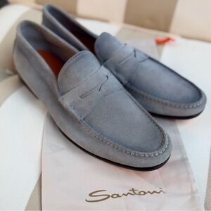 SANTONI Blue Denim Suede Italian Leather Loafer Slip on Orange Sole UK 10 US 11